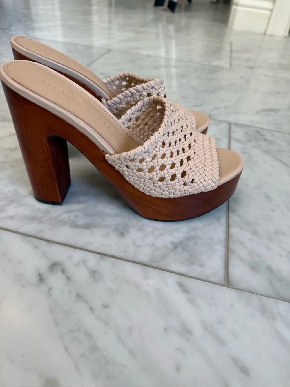 Veronica Beard Cream Woven Platform Slide Heels